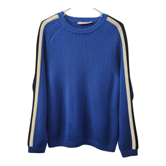 Tory Burch Sweaters - Tory Burch Wool Striped Sleeve Crew Neck Sweater M Blue Fall Cozycore Knit Chic